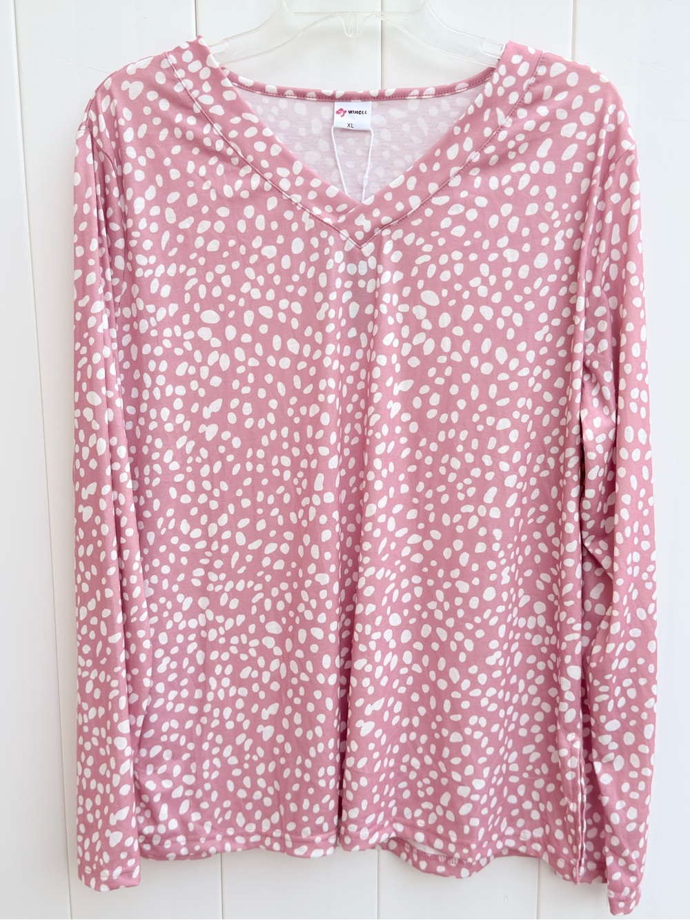 NWT WIHOLL Women's Mauve And White  Printed V-Neck Long Sleeve Top X-LARGE
